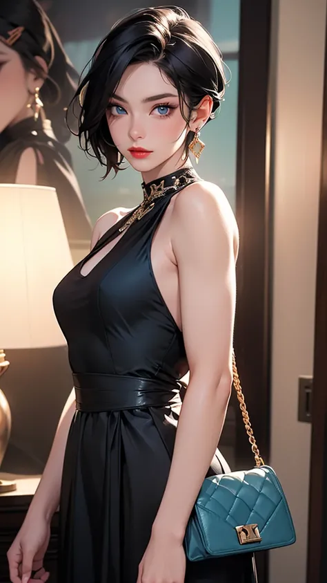 solo, A woman of outstanding beauty, Standing with stylish posing, (in an evening party), front view, from below , upper body focus , beautiful black hair, sleek pixie cut, perfect sexy face, blue eyes, muscular, red lipstick, makeup, faint smile, athletic...