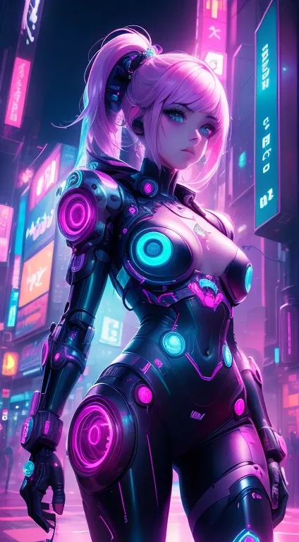 (kawaii background:1.3),(extremely detailed fine touch:1.3),neon trim, neon lights,neonpunk, night,crystal skin, 
robot,cyberpunk,1girl,cowboy_shot,(from_below:1.3),, (masterpiece:1.3), (best quality:1.3), 1girl,