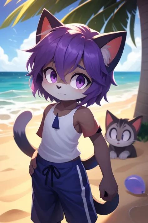 From the Outside, A Great Work, AS Soon As One of the Clothes has a cat with a cat with a black letoon tail. This Looks Beautiful and Gentle Boy With Bright Purple Hair Eyes, Dark Purple Eyes, Wearing A Blue Balloon Swimming Pants, Sunlight on a Screen of ...