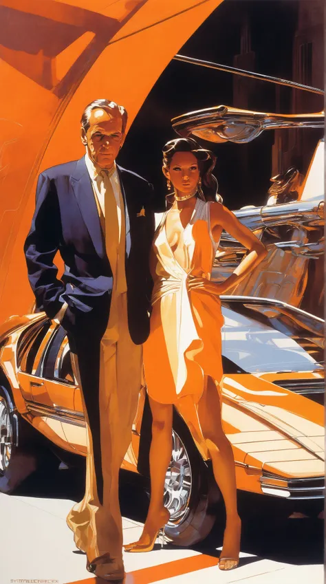 Syd Mead Style - a god and a goddess in gentle interplay in a style between Michelangelo and Syd Mead