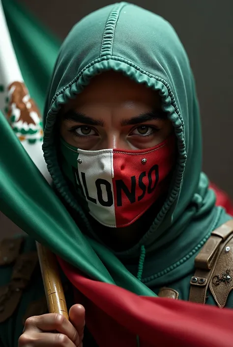 Sub zero from mortal kombat is only a mask in the form of the Mexican flag with the inscription ALONSO WITH THE MEXICAN FLAG