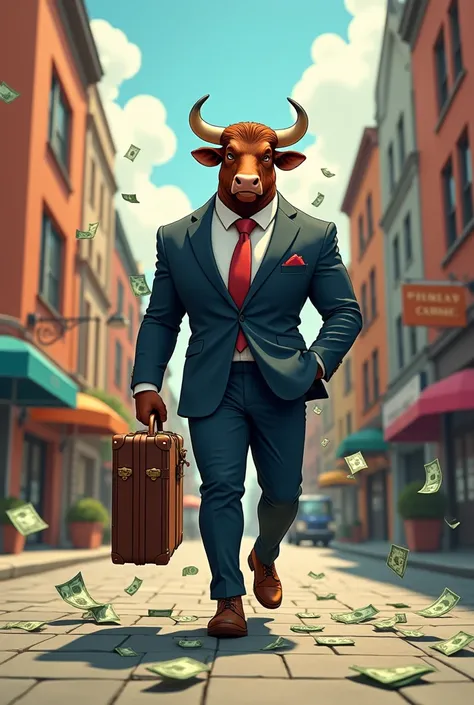 Make him rich,Slim,a strong bull walking down the street on 2 legs in a cartoon style and having cash falling out of his suitcase