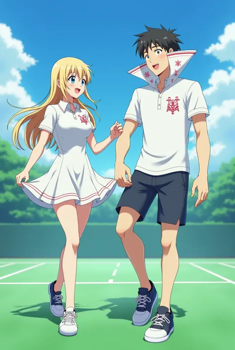 Anime, Lucina is wearing a Tennis Dress she is playing Tennis and holding up her skirt with her boyfriend he is wearing a Massive Popped Collar Polo with a collar so high it's taller than his head
