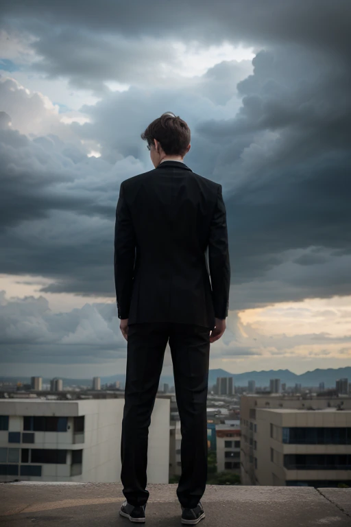 teenage boy, teary eyes, standing on top of building, back view, wearing black suit, dark cloudy sky