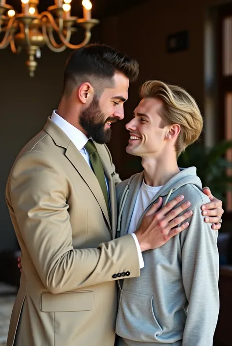  A handsome white man with short dark hair with a real beard , tall and muscular in his 40s , wearing a sand colored suit with a white pin on the collar of a shirt and apple green tie, hugging him protectively and looking lovingly at a handsome 25 year old...