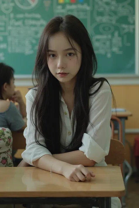 a age girl sitting at desk in a classroom, wearing a wet shirt, cinematic feeling, singapore, wet dripping long hair, ultra photoreal, skins, chair, malaysian, song, advert