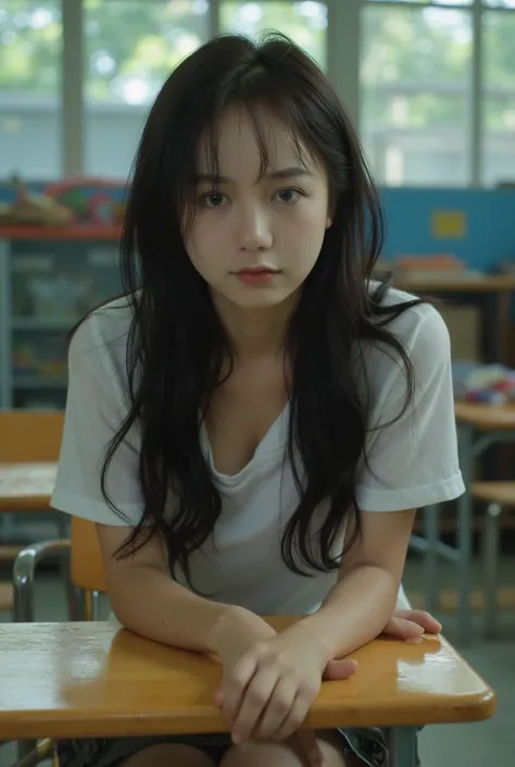 a age girl sitting at desk in a classroom, wearing a wet shirt, cinematic feeling, singapore, wet dripping long hair, ultra photoreal, skins, chair, malaysian, song, advert