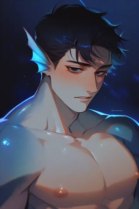 Humanoid sea monster man. Half-human man, half sea monster. Fins ears. Blue scales on bluish skin. Dark hair. Black eyes. Shirtless. Dark, Eerie, and Psychopathic theme.