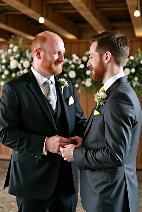  Handsome older red-haired man dressed in a three-piece black suit , silver tie and white shirt , marrying a young man with brown hair and a cropped beard who wears a three-piece dark gray suit with a white shirt and lime-colored tie in a stable decorated ...