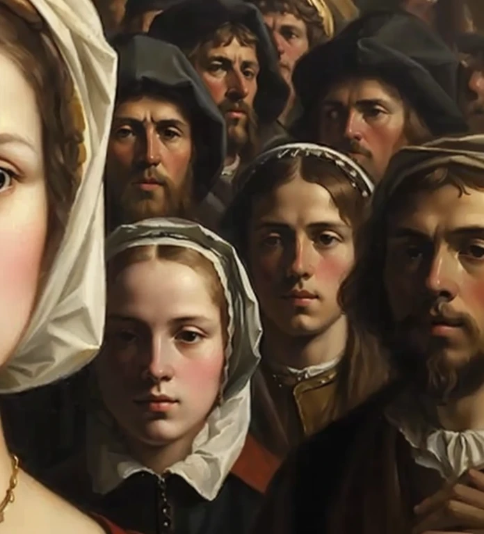 arafed image of a woman with a large group of people, realistic renaissance portrait, hyper realism renaissance art, renaissance digital painting, religious masterpiece portrait, by Mathieu Le Nain, by Geertgen tot Sint Jans, dutch masterpiece, inspired by...