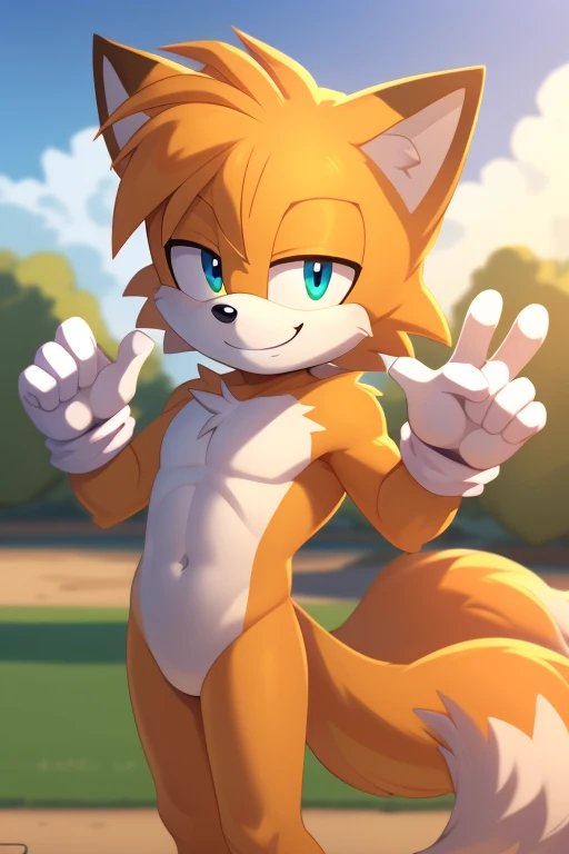 score 9 up, score 8 up, score 7 up, source_furry, rating_safe, solo, tails (sonic), furry male, fox boy, fox tail, orange fur, smile,  looking at viewer, five fingers,