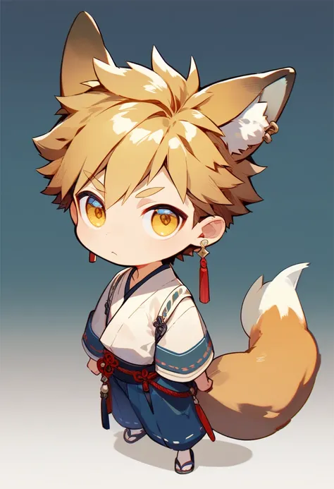  smiles,  simple background, solo,  golden eyes,  earrings, tooth,  illustration ,  male, young, blonde, standing picture, whole body,Fox Ears, fox tail,front,Down to the toes