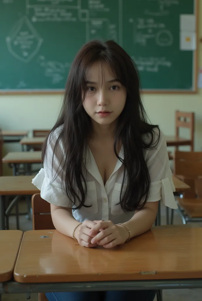 a age girl sitting at desk in a classroom, wearing a wet shirt, cinematic feeling, singapore, wet dripping long hair, ultra photoreal, skins, chair, malaysian, song, advert