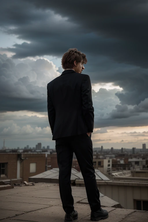 age boy, bleary eyes, messy hair, both hands in pockets, standing on top of building, back view, wearing black suit, dark cloudy sky