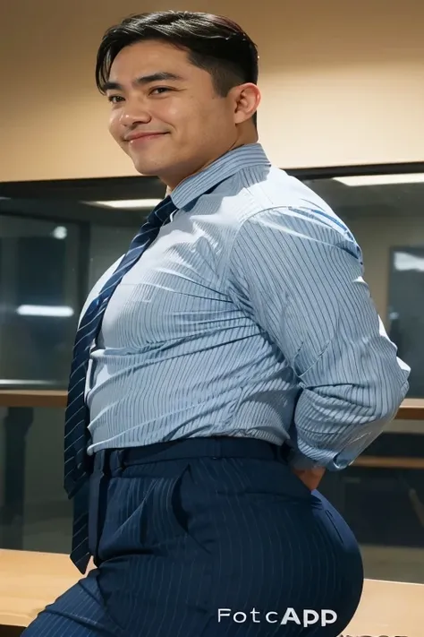 40-year-old boy ,Korean bulky male officer ,Wear navy blue police uniform shirt................ pinstripe navy blue smooth tight trouser, transparent pants obvious underwear print ,((unrealistic super big tight butt wearing pants)), legs wide open, legs on...