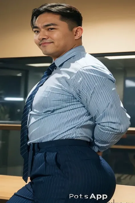 40-year-old boy ,Korean bulky male officer ,Wear navy blue police uniform shirt................ pinstripe navy blue smooth tight trouser, transparent pants obvious underwear print ,((unrealistic super big tight butt wearing pants)), legs wide open, legs on...