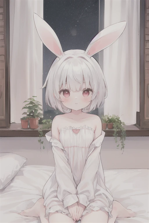 rabbit woman, small rabbit ears, red eyes, cute aspect, innocent face, white short hair, peaceful, bedroom, nightgown, soft NSFW