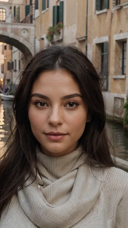 

An ultra-realistic depiction of a stunning Brazilian woman on her journey through enchanting Venice, Italy, where the temperature is a mild 2 degrees Celsius. Her long, straight black hair cascades gracefully down her back, with a natural shine and silky...