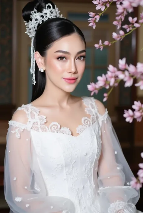 A serene woman adorns a majestic palace setting, dressed in an exquisite night gown - a stunning white dress with vibrant lace trims. A delicate flower arrangement frames her face, as she poses elegantly against a regal backdrop. Inspired by the masterful ...