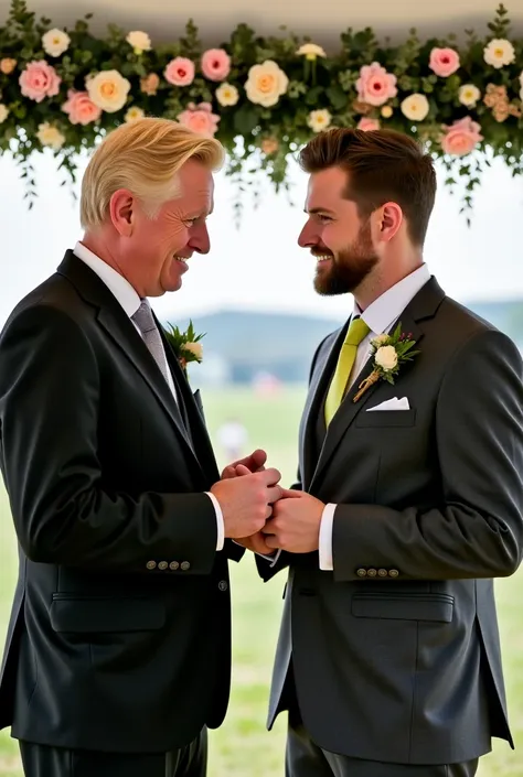 Handsome older blond man dressed in a black three-piece suit, silver tie and white shirt ,  marrying a young man with brown hair and a trimmed beard who wears a dark gray three-piece suit with a white shirt and lime-colored tie in a tent decorated with flo...