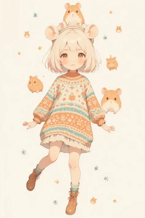 (Hamster girl,1girl,solo,bob hair,make bangs,Scandinavian pattern clothes and hats,hamster ears,cute,),