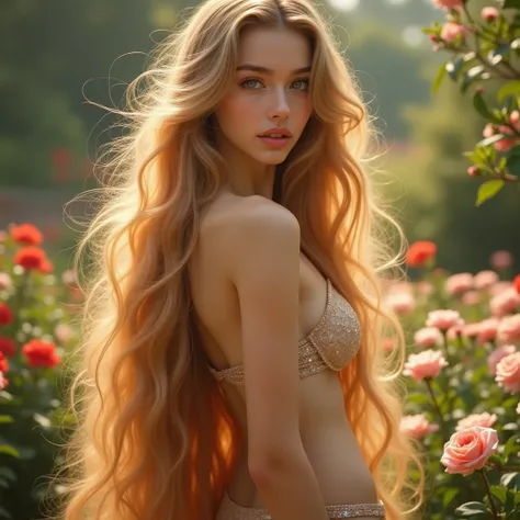 （  top quality with full nudity behind 。  highest resolution 。  super realistic photo  。  full body portrait in front of  。）  There is a beautiful woman with very long hair  。 More beautiful than a beautiful actress 。  beautiful young women 。  in a garden ...