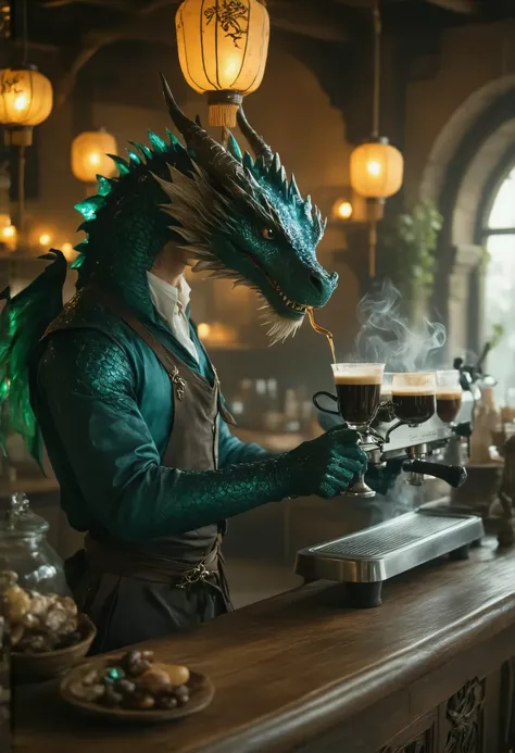 a majestic dragon barista with shimmering scales in vibrant hues of blue and green, standing behind a cozy café counter. The dragon is skillfully extracting a rainbow-colored coffee from a sleek espresso machine. It has elegant horns adorned with small glo...