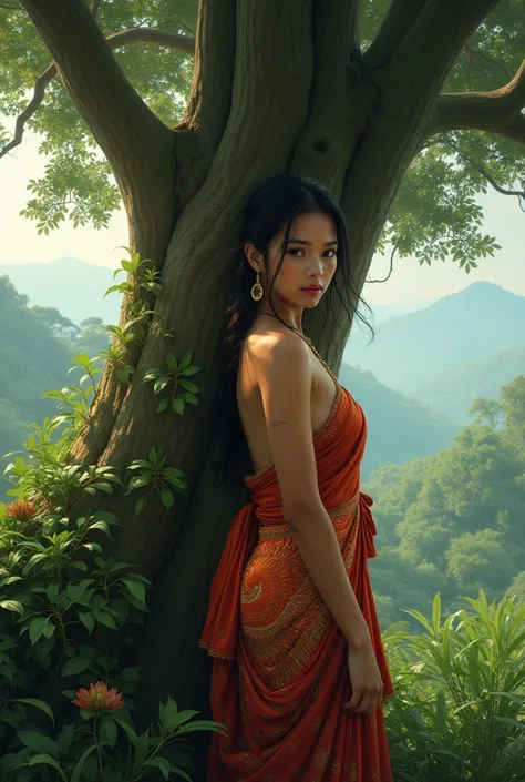 a javanese woman standing next to a tree, inspired by Jan Rustem, sumatraism, sfw huge breasts, panorama, metart, wearing sarong