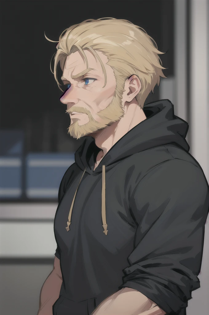 Masterpiece, best quality, absurdres, extremely detailed, 1man, one man, solo, adult man, old man, grown man, black hoodie, black clothes, beard, sideburns, blurry background, plain background, blue eyes, male focus, short hair, dirty blonde hair, muscled ...