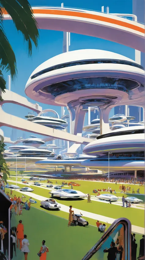 Syd Mead Style - A massive futuristic stadium in the style of Syd Mead, filled with people and vehicles on a grassy field overlooking city buildings, white metal architecture, connected to land by monorail tracks, multiple level terraces with crowds sittin...