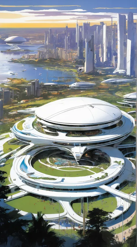 Syd Mead Style - A massive futuristic stadium in the style of Syd Mead, filled with people and vehicles on a grassy field overlooking city buildings, white metal architecture, connected to land by monorail tracks, multiple level terraces with crowds sittin...