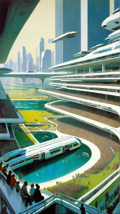 A massive futuristic stadium in the style of Syd Mead, filled with people and vehicles on a grassy field overlooking city buildings, white metal architecture, connected to land by monorail tracks, multiple level terraces with crowds sitting at each terrace...