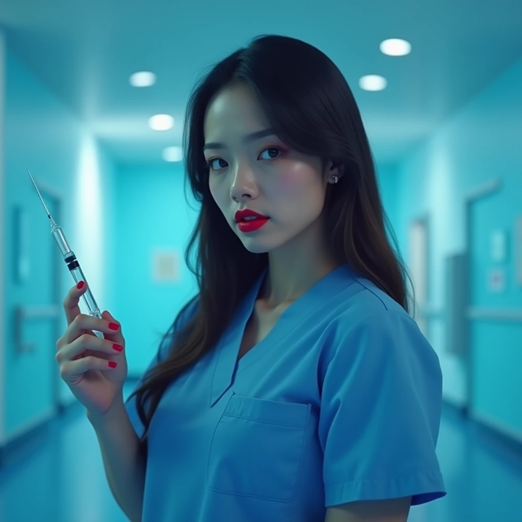 A nurse in a blue uniform holding a syringe, with a
hospital background. A beautiful gir with long hair
and red lips in a blue room, in the style of photo
realistic. Soft light, high resolution, high quality, high
detail, high sharpness. Rendered in the st...