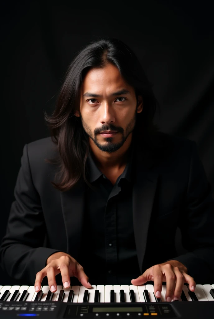 Foto realistic , indonesian man long hair over shoulders thin beard without mustache, playing keyboard ,Face facing forward,black abstract begron ,,Realistic Haiper    . high contrast.  High color effect . Focus detail .
