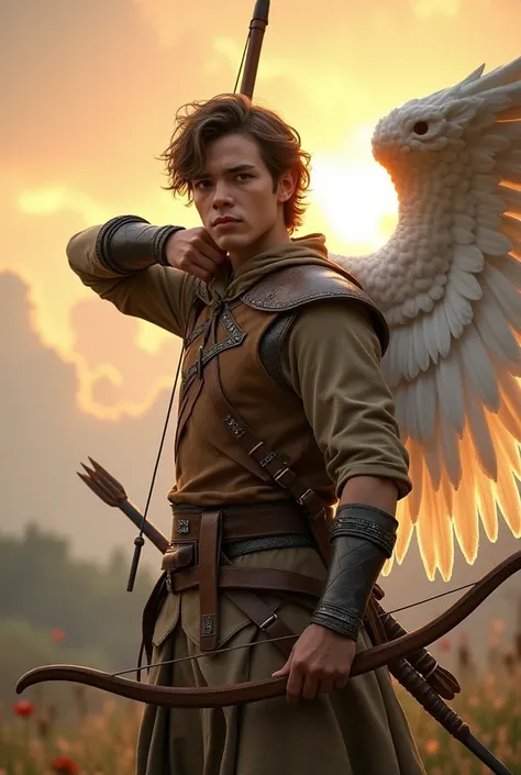 A version of Armor, who wears lightweight leather armour. He has brown, slightly longer hair and brown eyes.  He holds a wooden bow and carries a quiver on his side.  He has an attractive face and white, very bright wings on his back . In the background, t...