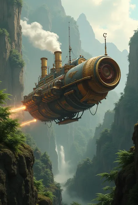  A Steampunk-style flying ship that can travel back in time and reached the Jurassic era. has a "flow condenser "  with the car from back to the future 