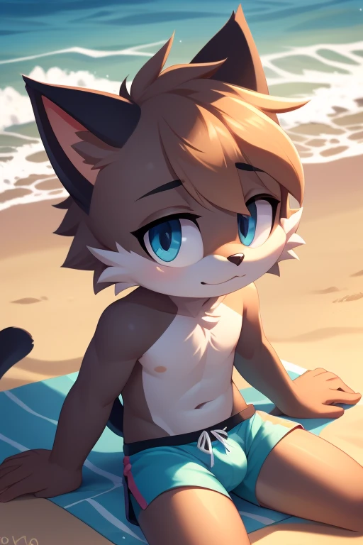 Young furry cat hair covering one eye swimming trunks beach background 