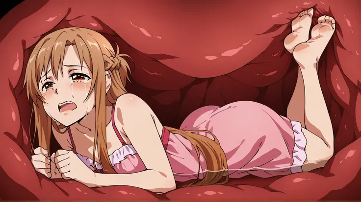 anime screencap, asuna, pink negligee outfit,  barefoot, fullbody, sole feet, inside a stomach,
stomach interior, tears, open mouth, front view shot, on stomach, pose