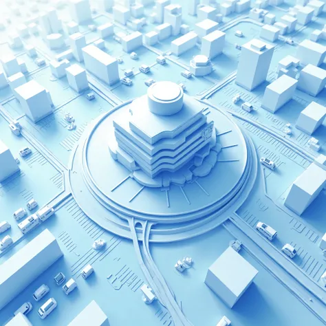 Top view，3d，Blue and white，Many roads spread out from the center to the periphery，There is a building，There are cars running on the road 