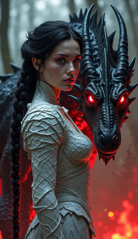 "Create a dark, fantasy-inspired artwork of a powerful sorceress standing beside a menacing dragon. The sorceress has pale skin, piercing red eyes, and is dressed in intricate, white-scaled armor with an ethereal, otherworldly aura. Her braided dark hair c...