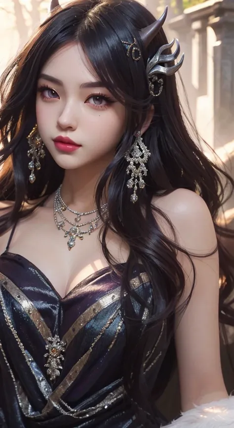 Anime girl with horns and purple dress in woods, beast ear，cleavage，portrait of ahri, ahri, Extremely detailed Artgerm, artgerm detailed, ahri from league of legend, Detailed digital anime art, Art germ on ArtStation Pixiv, Art germ. High detail, Style Art...