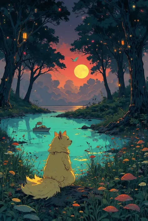 An incredibly beautiful fluffy lemon-colored animal with neon stripes sits on the shore of a beautiful turquoise lake. A glowing silver boat floating on the lake.  A fantastic crimson sunset in a fabulous forest. Bizarre incredible fantastic trees, lots of...