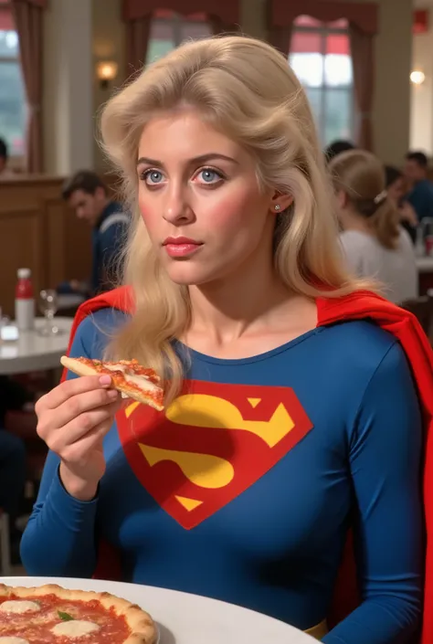 BLUE EYES BLONDE HAIR (SUPERGIRL) A VERY SEXY HELEN SLATER AS SUPERGIRL WITH BLUE EYES AND LONG HAIR, WEARING A SUPERGIRL COSTUME AND CAPE. RICH 4K HIGH RES COLORS, 8K DETAILS. BLUE EYES. SITTING DOWN AT A PIZZARIA EATING A SLICE OF PIZZA.