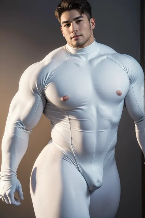 Handsome Man, Robot Man, Perfect big buff male body, Looking at the camera, Delicate eyes and delicate face, swollen nipples, grins ,thick thighs, thick booty. Fat butt, male , big bulge, big crotch, Futuristic skintech-perfect white bodysuit, Bare chests,...