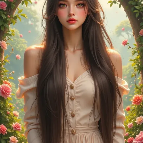 （  top quality with full nudity behind 。  highest resolution 。  super realistic photo  。  full body portrait in front of  。）  There is a beautiful woman with very long hair  。 More beautiful than a beautiful actress 。  beautiful young women 。  in a garden ...