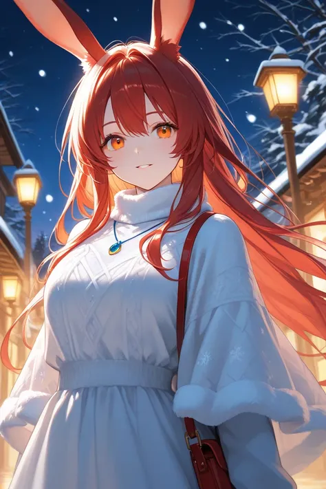  rabbit girl, red long hair,orange eyes,Blue necklace,winter Snow,Night