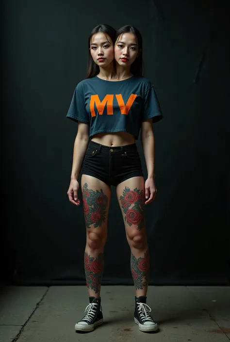 A woman with tied hair, she is a conjoined twin with two heads, wearing a dark blue crop top with large orange MV writing, A lot, right hand, and the left leg is full of red rose and dragon tattoos, she is wearing black hotpants, black converse shoes. dark...