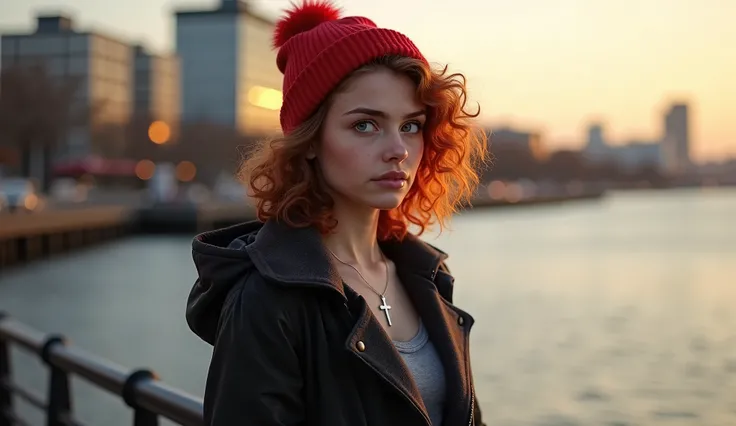 (photorealism:1.2), "A young woman with curly red hair stands near a calm waterfront, wearing a bright red beanie and a dark winter coat. Her peaceful, thoughtful expression reflects a sense of inner calm and spiritual reflection. The soft glow of the sett...