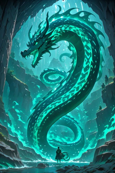 Great sea serpent with a dragon head inside a cave, ocean green colors,