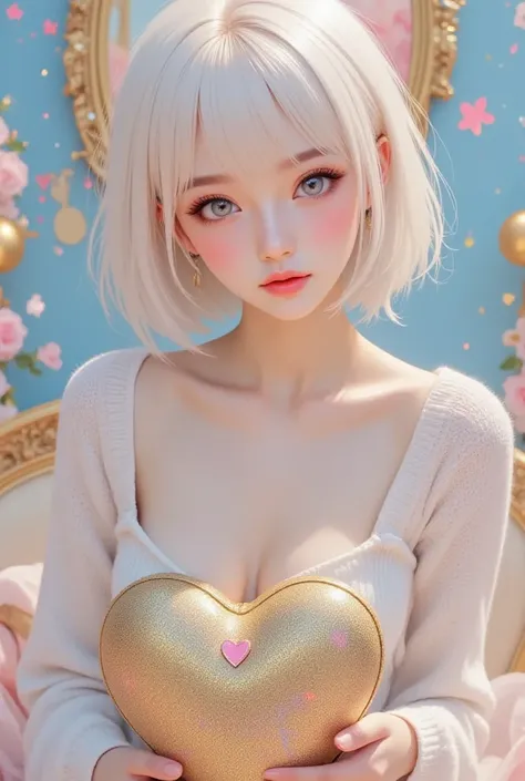 ultra detailed, absolutely resolution, masterpiece. 
1 woman, white glossy silky high layered very short cut, captivating sparking eyes, lewd shy beauty expression, lewd great body proportion, wearing fluffy brushed sweater, loose Burberry checked trousers...